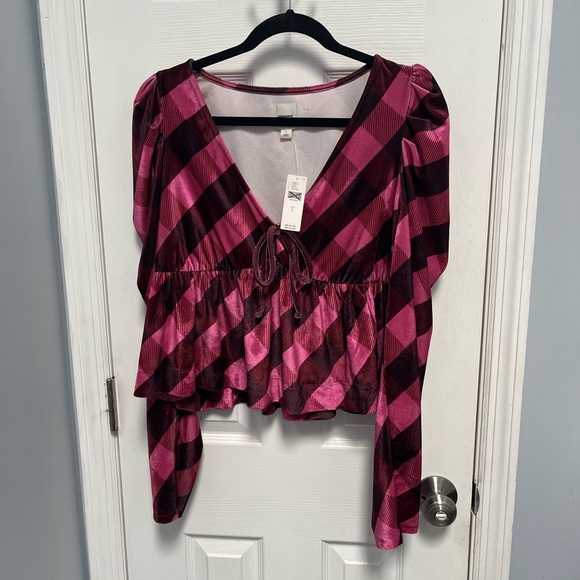 Maeve Anthropologie Velvet Babydoll Top pink brown plaid puff NWT Large - Picture 2 of 9